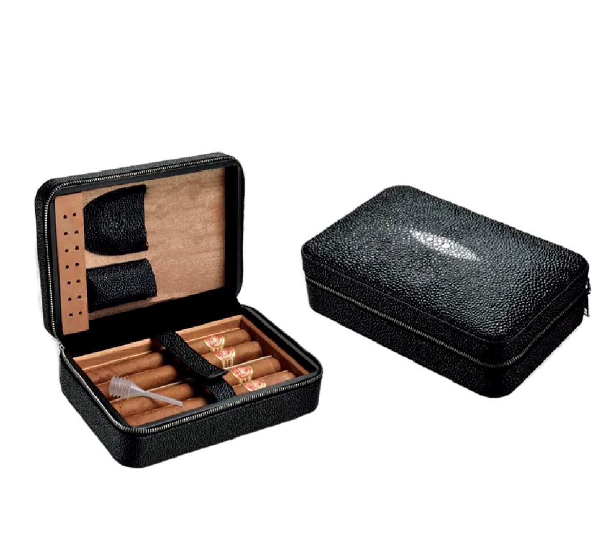 Shiny Black 4 Stick Travel Humidor Set With Cutter And Lighter