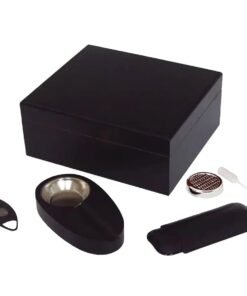 50 Stick Black Humidor Gift Set With Leather Case Ashtray & Cutter