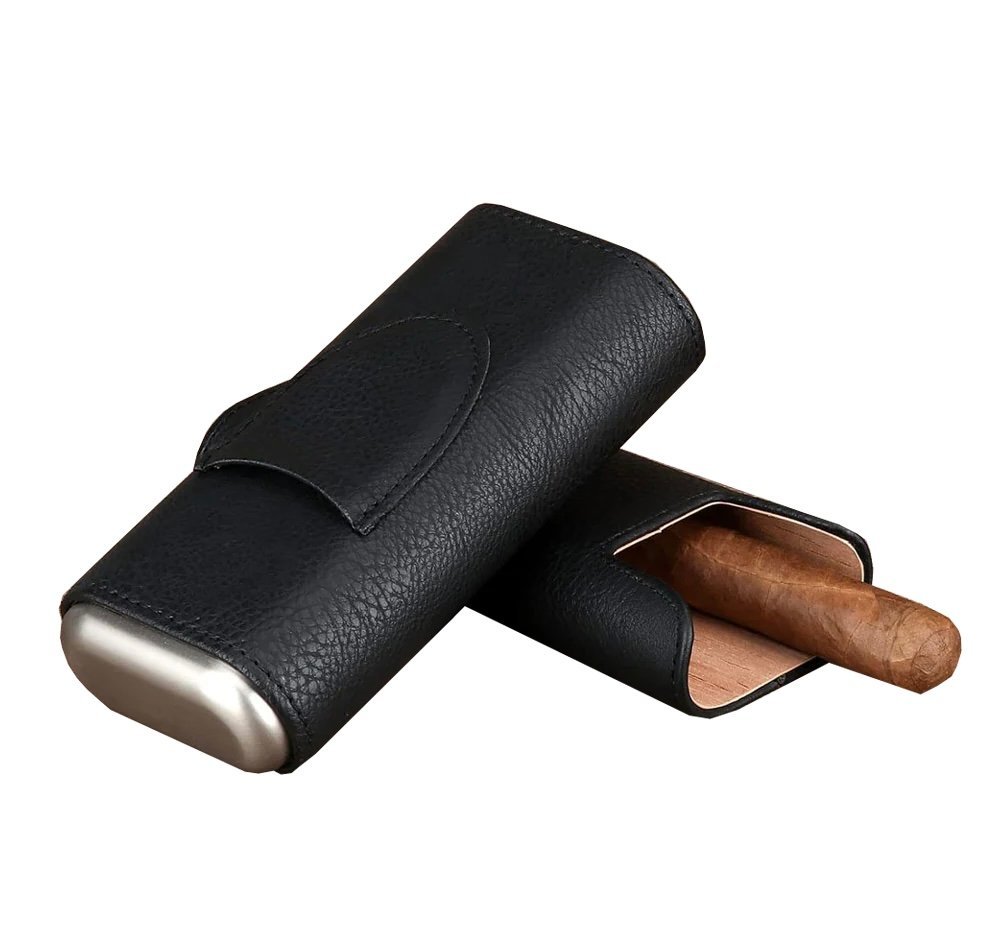3 Stick Black Leather Cigar Case Cedar Lined With Cutter Holder